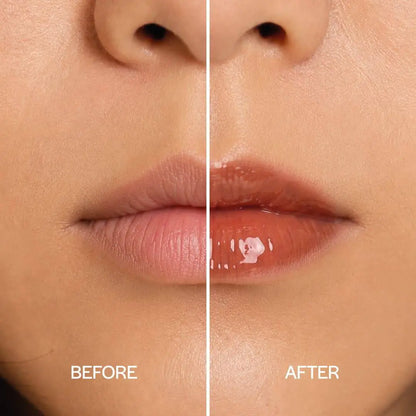 MoniAmori Juicy Oil Black Cherry MM061 – Before-After-Vergleich: Lippen ohne und mit Juicy Oil Black Cherry, hochglänzendes Wet-Look-Finish