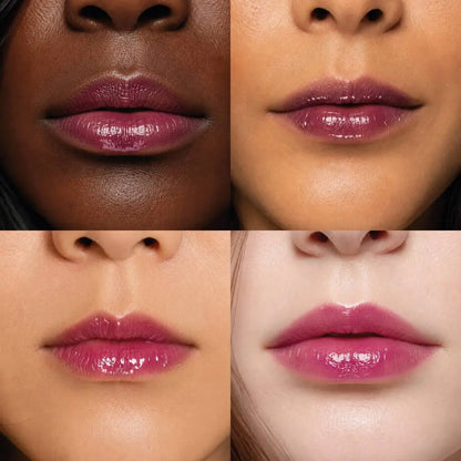MoniAmori Juicy Oil Grape MM060 – vier Modelle unterschiedlicher Hauttypen tragen Juicy Oil Grape auf den Lippen, Wet-Look-Glanz