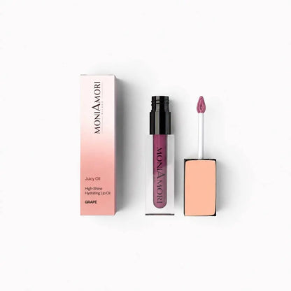 MoniAmori Juicy Oil Grape MM060 – Lippenöl mit roségoldenem Deckel und pinker Verpackung, geöffnet mit Applikator, 3,5 ml