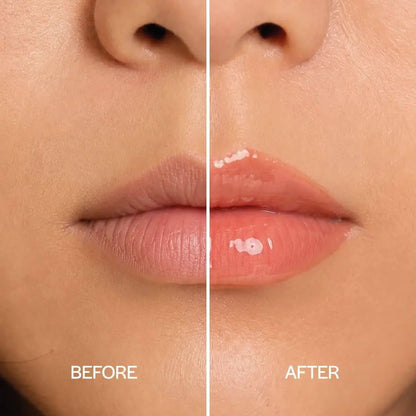 MoniAmori Juicy Oil Lychee MM062 – Before-After-Vergleich: Lippen ohne und mit Juicy Oil Lychee, hochglänzendes Wet-Look-Finish