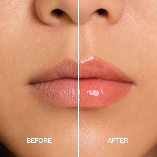 MoniAmori Juicy Oil Lychee MM062 – Before-After-Vergleich: Lippen ohne und mit Juicy Oil Lychee, hochglänzendes Wet-Look-Finish
