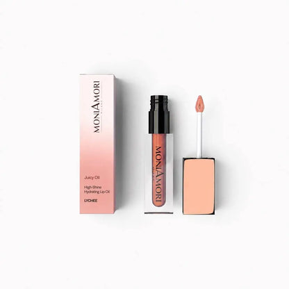 MoniAmori Juicy Oil Lychee MM062 – Lippenöl mit roségoldenem Deckel und pinker Verpackung, geöffnet mit Applikator, 3,5 ml