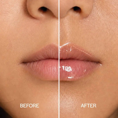 MoniAmori Juicy Oil Salted Coconut MM063 – Before-After-Vergleich: Lippen ohne und mit Juicy Oil Salted Coconut, hochglänzendes Wet-Look-Finish