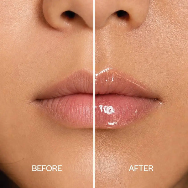 MoniAmori Juicy Oil Salted Coconut MM063 – Before-After-Vergleich: Lippen ohne und mit Juicy Oil Salted Coconut, hochglänzendes Wet-Look-Finish