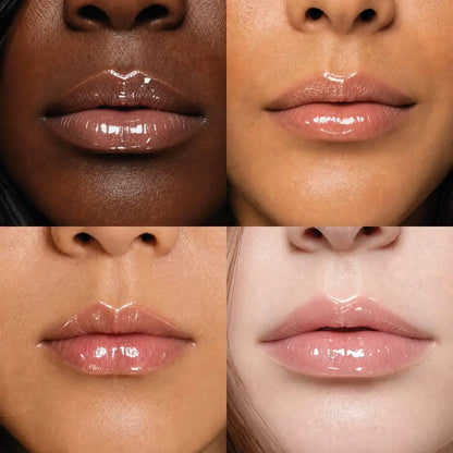 MoniAmori Juicy Oil Salted Coconut MM063 – vier Modelle unterschiedlicher Hauttypen tragen Juicy Oil Salted Coconut auf den Lippen, transparenter Wet-Look-Glanz