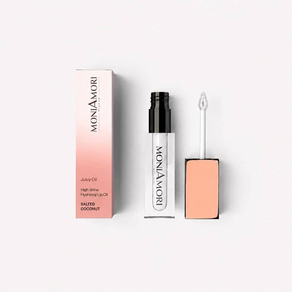 MoniAmori Juicy Oil Salted Coconut MM063 – transparentes Lippenöl mit roségoldenem Deckel und pinker Verpackung, geöffnet mit Applikator, 3,5 ml