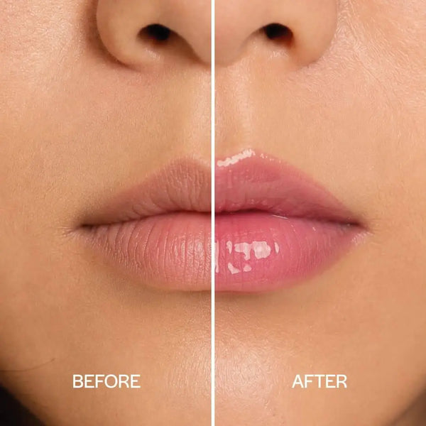 MoniAmori Juicy Oil Watermelon MM064 – Before-After-Vergleich: Lippen ohne und mit Juicy Oil Watermelon, hochglänzendes Wet-Look-Finish in frischem Pink