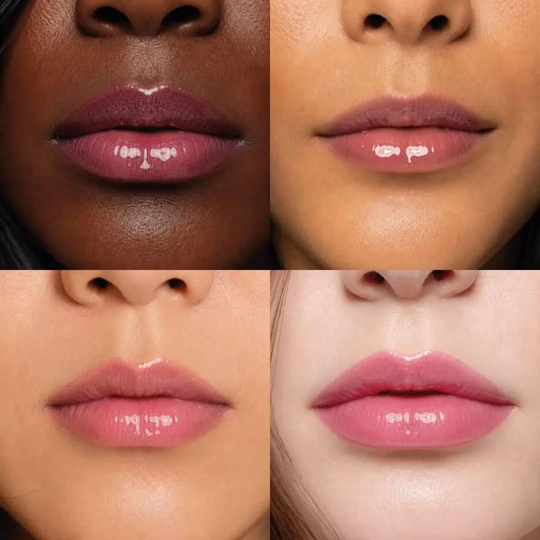 MoniAmori Juicy Oil Watermelon MM064 – vier Modelle unterschiedlicher Hauttypen tragen Juicy Oil Watermelon auf den Lippen, pinkfarbener Wet-Look-Glanz