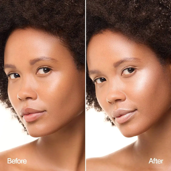 Vorher-Nachher-Vergleich MoniAmori Light & Go Highlighter Stick: Links das Gesicht eines Models vor der Anwendung. Rechts das Gesicht mit aufgetragenem und verblendetem Highlighter auf den Wangenknochen für einen strahlenden Glow.