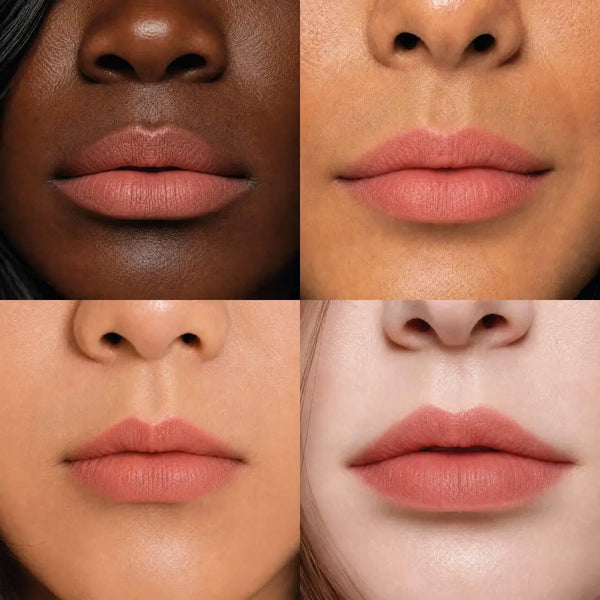 MoniAmori MyLip Secret Caramel Toffee MM070 – vier Modelle unterschiedlicher Hauttypen tragen den fertigen Lip Stain in Caramel Toffee, warmes Caramel-Beige Tattoo-Effekt