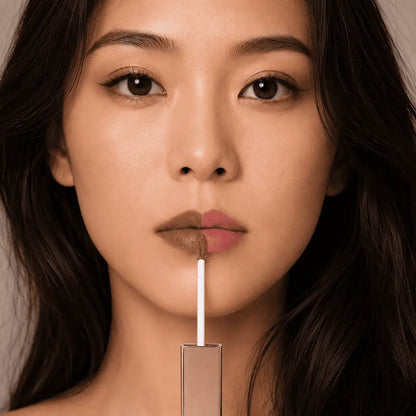 MoniAmori MyLip Secret Cherry Tart MM066 – Modell trägt den grauen Peel-off Lip Stain auf die Lippen auf, rechte Lippenhälfte zeigt das fertige Kirschrot-Ergebnis