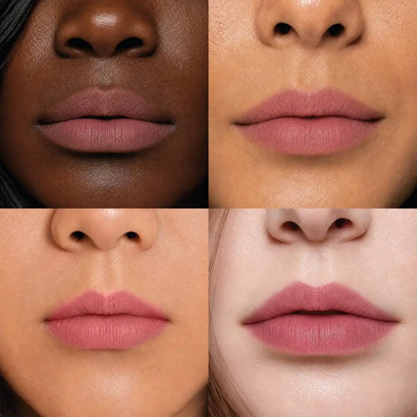 MoniAmori MyLip Secret Cherry Tart MM066 – vier Modelle unterschiedlicher Hauttypen tragen den fertigen Lip Stain in Cherry Tart, natürlicher Tattoo-Effekt