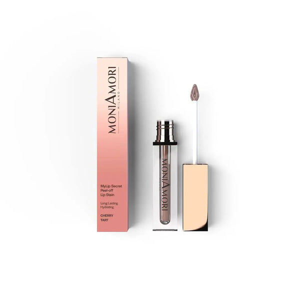 MoniAmori MyLip Secret Cherry Tart MM066 – Peel-off Lip Stain mit roségoldenem Deckel und pinker Verpackung, geöffnet mit Applikator, 5,5 ml