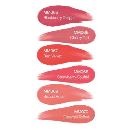 MoniAmori MyLip Secret Farbpalette – Swatches der Farbtöne MM065 Blackberry Delight, MM066 Cherry Tart, MM067 Red Velvet, MM068 Strawberry Soufflé, MM069 Biscuit Rose, MM070 Caramel Toffee