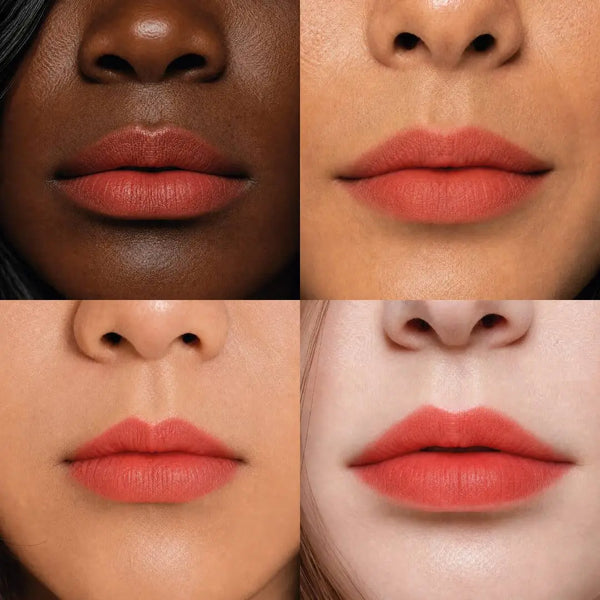 MoniAmori MyLip Secret Red Velvet MM067 – vier Modelle unterschiedlicher Hauttypen tragen den fertigen Lip Stain in Red Velvet, natürlicher Tattoo-Effekt