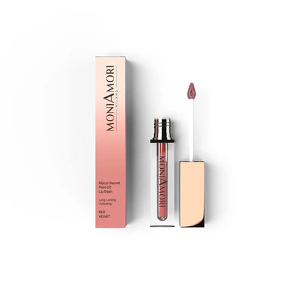 MoniAmori MyLip Secret Red Velvet MM067 – Peel-off Lip Stain mit roségoldenem Deckel und pinker Verpackung, geöffnet mit Applikator, 5,5 ml