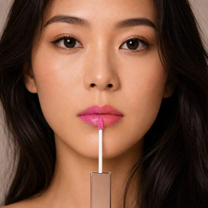 MoniAmori MyLip Secret Strawberry Soufflé MM068 – Modell trägt den Peel-off Lip Stain auf die Lippen auf, lebhaftes Korallrosa-Ergebnis sichtbar