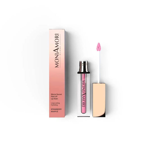MoniAmori MyLip Secret Strawberry Soufflé MM068 – Peel-off Lip Stain mit roségoldenem Deckel und pinker Verpackung, geöffnet mit Applikator, 5,5 ml