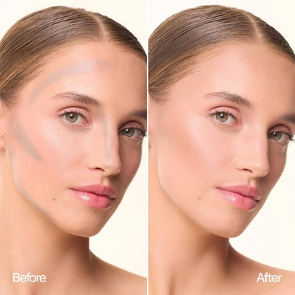 Vorher-Nachher-Vergleich MoniAmori Sculpt & Lift Contour Stick: Links das Gesicht eines Models mit aufgetragenen, noch nicht verblendeten Konturlinien an Stirn, Wangen und Kiefer. Rechts das fertig verblendete, natürlich modellierte Ergebnis.