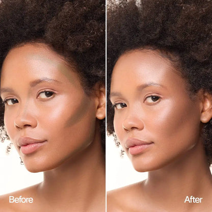 Vorher-Nachher-Vergleich MoniAmori Sculpt & Lift Contour Stick: Links das Gesicht eines Models mit aufgetragenen, noch nicht verblendeten Konturlinien an Stirn, Wangen und Kiefer. Rechts das fertig verblendete, natürlich modellierte Ergebnis.
