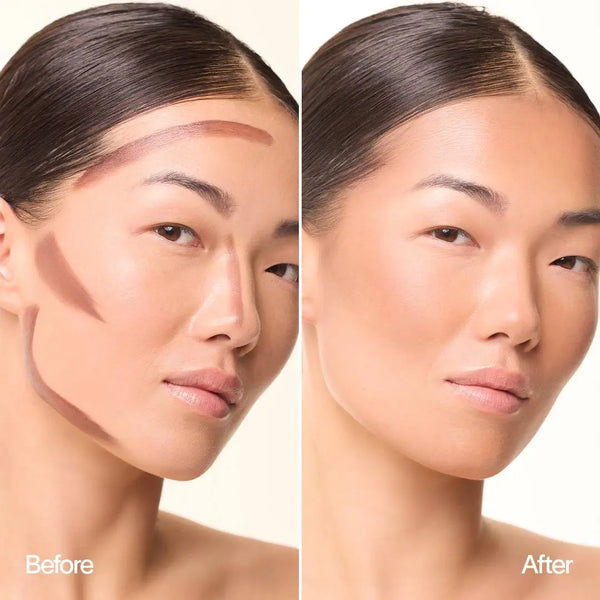 Vorher-Nachher-Vergleich MoniAmori Sculpt & Lift Contour Stick: Links das Gesicht eines Models mit aufgetragenen, noch nicht verblendeten Konturlinien an Stirn, Wangen und Kiefer. Rechts das fertig verblendete, natürlich modellierte Ergebnis.