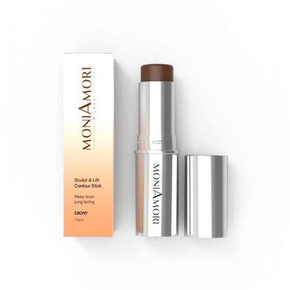 MoniAmori Sculpt & Lift Contour Stick MM039 Ebony: Geöffneter silberner Contouringstift mit dunkelbrauner Textur, daneben die elegante Verpackungsbox mit Farbverlauf und MoniAmori-Logo, auf weißem Hintergrund.
