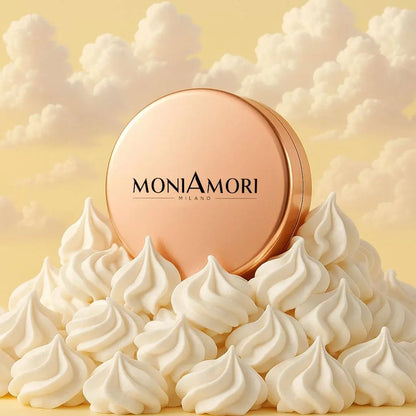 Kreative Produktinszenierung: Die geschlossene roségoldene Puderdose der MoniAmori Solar Defence Compact Foundation thront auf einem Berg weißer Baiser-Häubchen, passend zum Farbnamen "Meringa".
