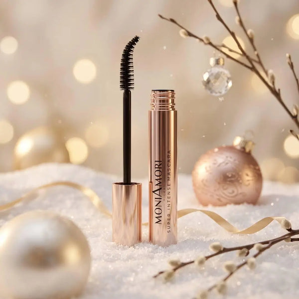 Geöffnete MoniAmori Super Intense Mascara mit geschwungenem Bürstchen