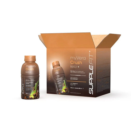 Myvera Crush Keto + INTA005-06 – 6er Pack mit koffeinhaltigem Aloe-Vera-Drink in Flaschen à 285 ml, Cola-Geschmack