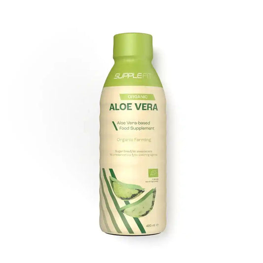 Supplefit Bio Aloe Vera Saft OINT01 – Freigestellte Flasche mit 480ml reinem Bio-Saft für Verdauung und Detox.