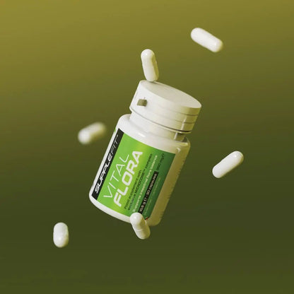 Inhaltsstoffe von Supplefit Vitalflora INTB049: Kapseln mit grafischer Darstellung der 3 probiotischen Stämme des MICROCORE™ Komplexes.